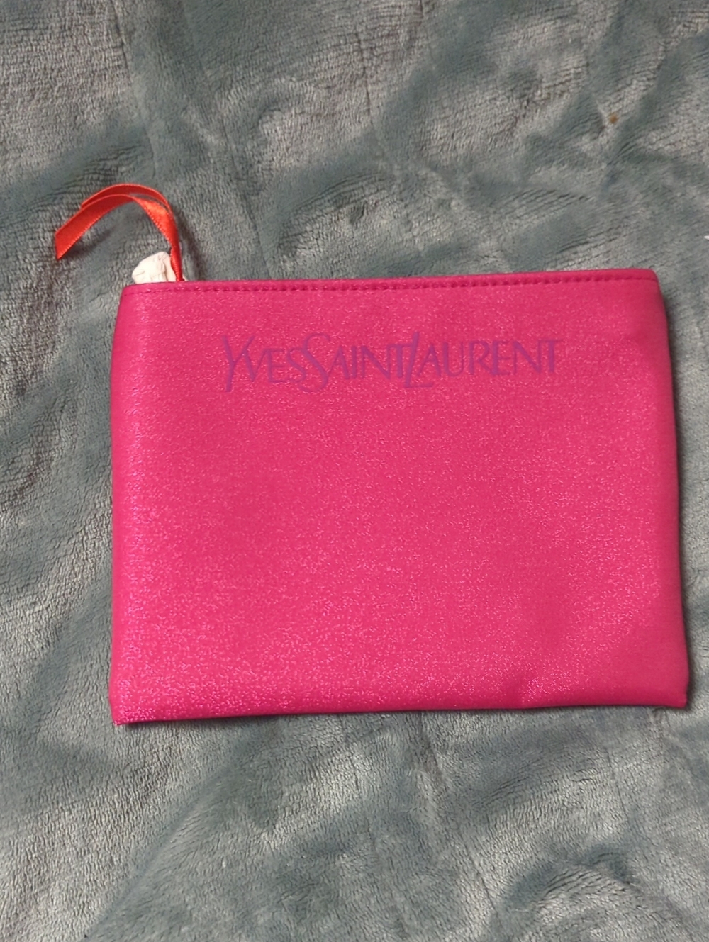 19-Yves Saint Laurent Hot Pink Satin Cosmetic Pouch with Ribbon Pull. Pre-loved.